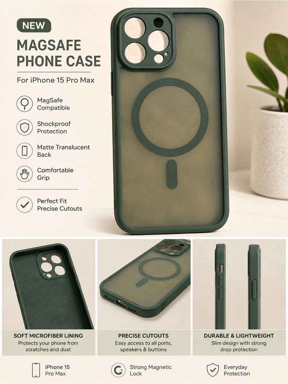 Green MagSafe-Compatible iPhone Case 15 pro max case  New